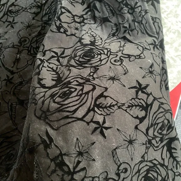 Velvet Burnout Rockabilly Print Corset Ribbon Trimmed Dress Queen Anne Neckline - Picture 6 of 16